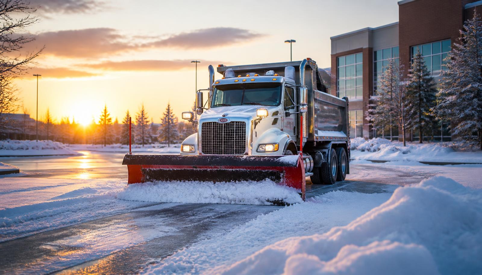 Commercial snow plow truck clearing a Calgary business parking lot after fresh snowfall