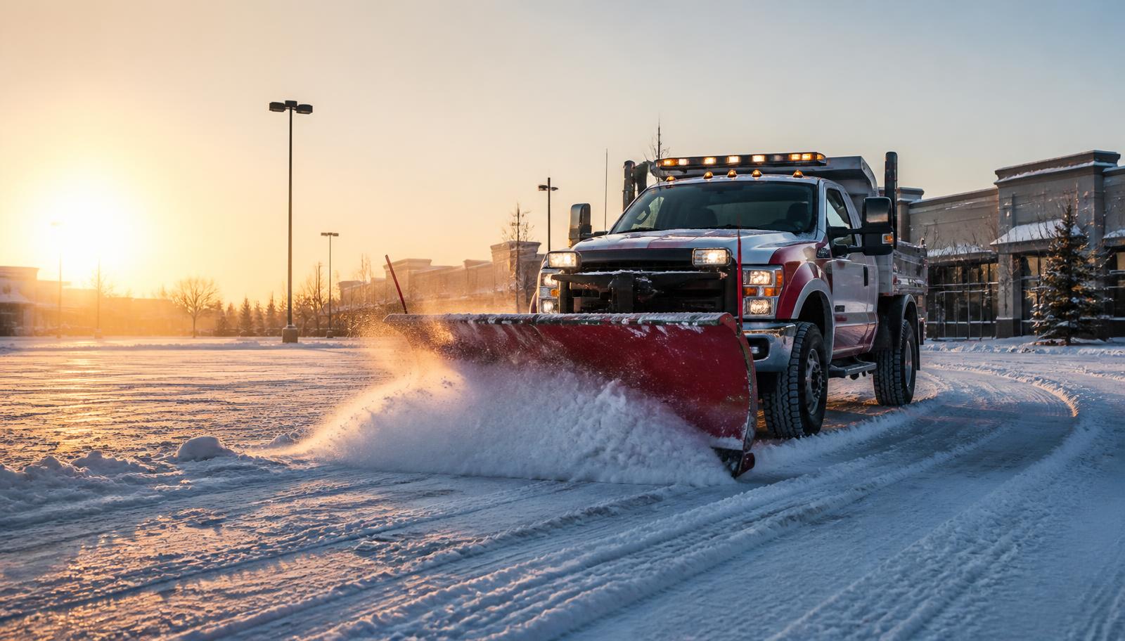 Plow truck pushing snow across a Calgary commercial property