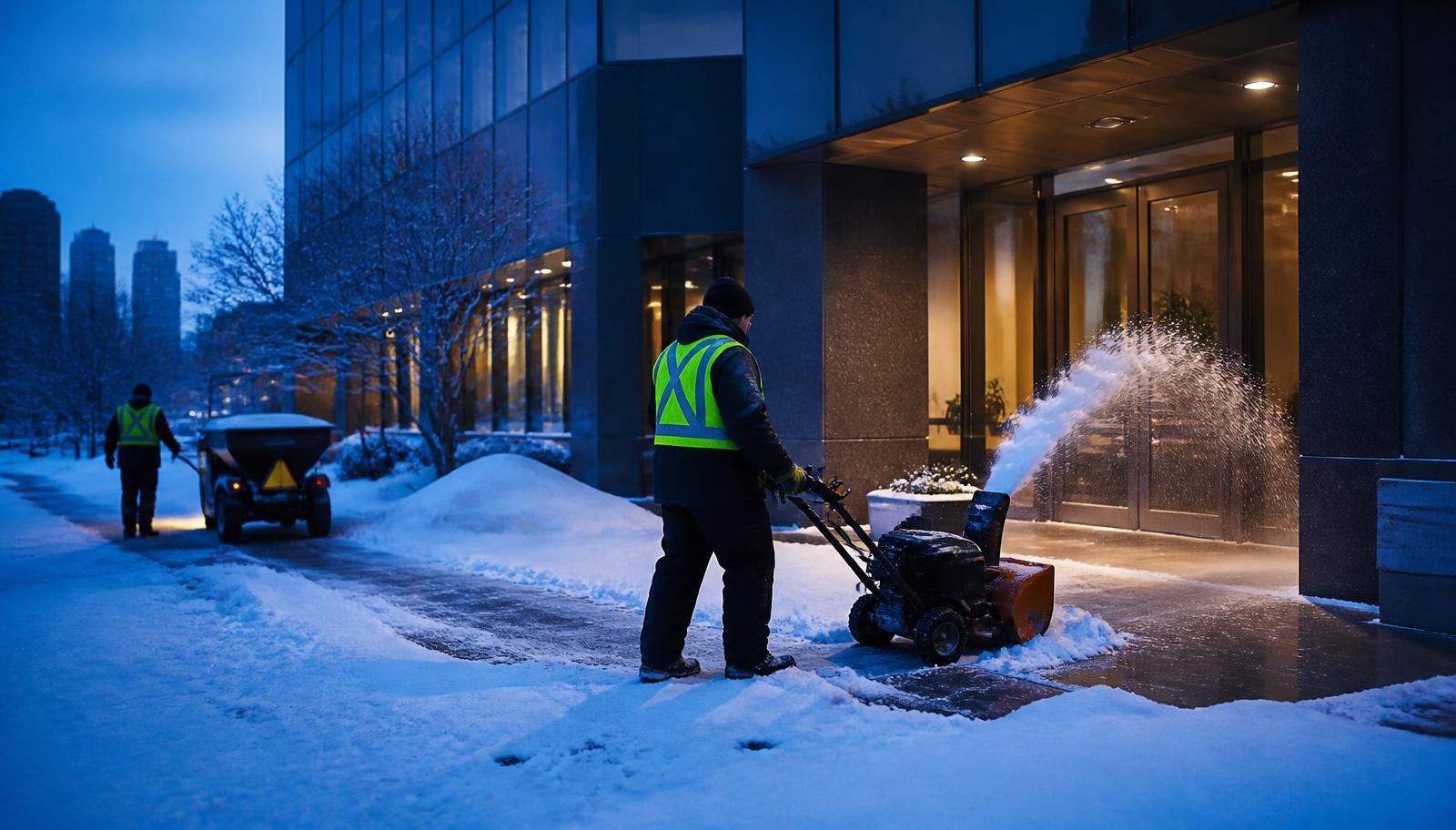 Winter maintenance crew treating a cleared commercial walkway in Calgary